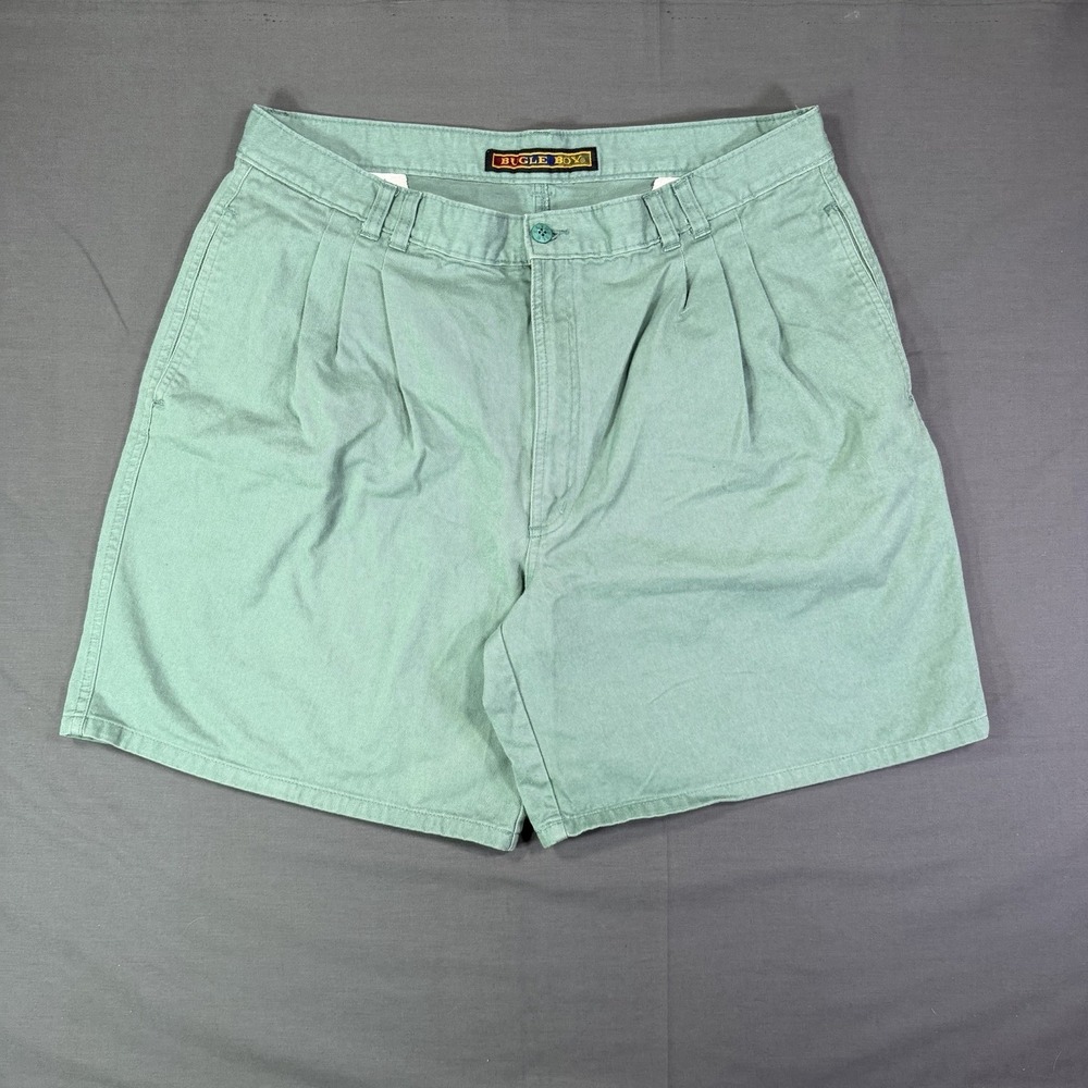 Bugle Boy Vintage 90s Mint Green Pleated Cotton Chino Shorts Mens 38 (Fits 36)